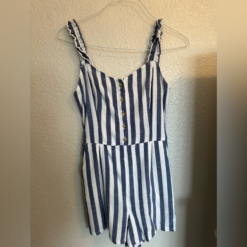 Hollister navy blue & white striped romper